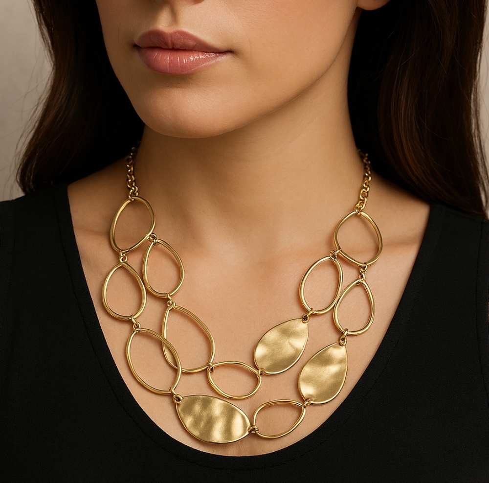Chic Gold Layered Statement Necklace – Hammered Discs, Hoops & Water Drop Design